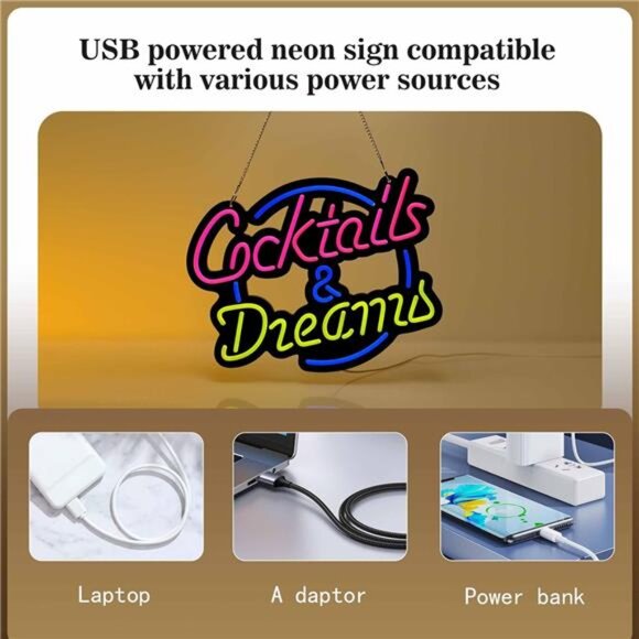 Cocktails & Dreams LED Neon Sign Movie Art Wall Lights Bedroom Bar Party Club - Picture 4 of 7